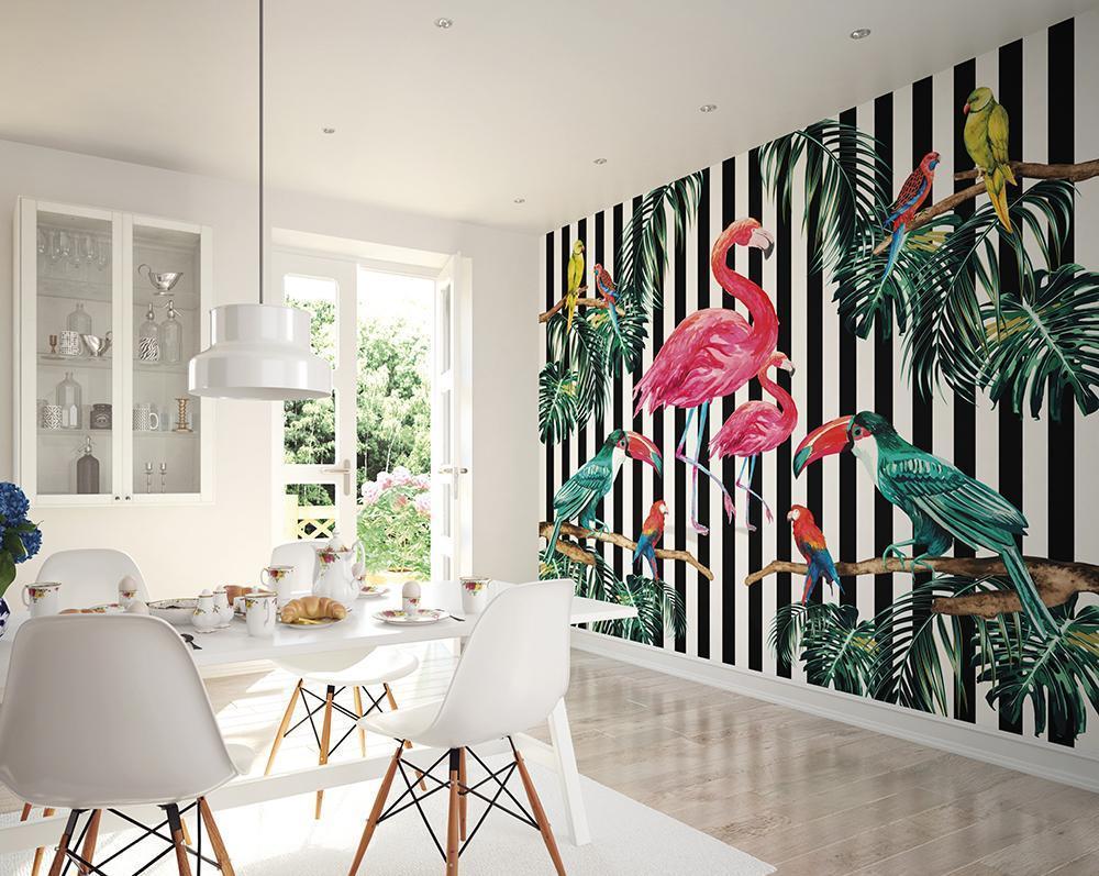 Pink Flamingos in Tropical Jungle Wallpaper for Rooms | lifencolors